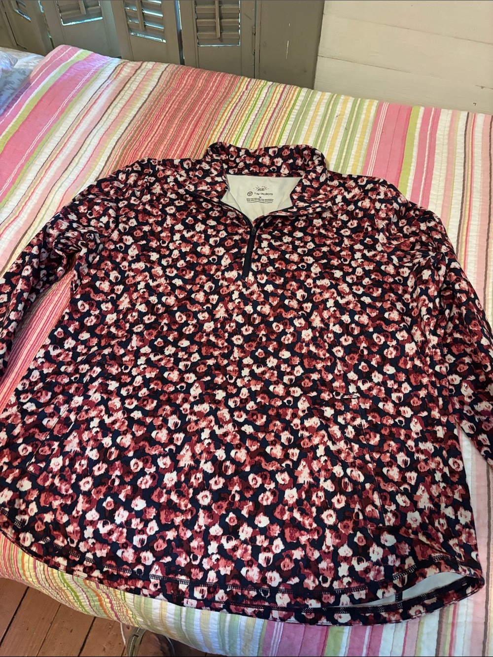 Talbots Navy and Pink Floral Quarter-Zip Long Sleeve Top
